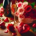 Valentines day background with red roses, gift box and two glasses of champagne Royalty Free Stock Photo